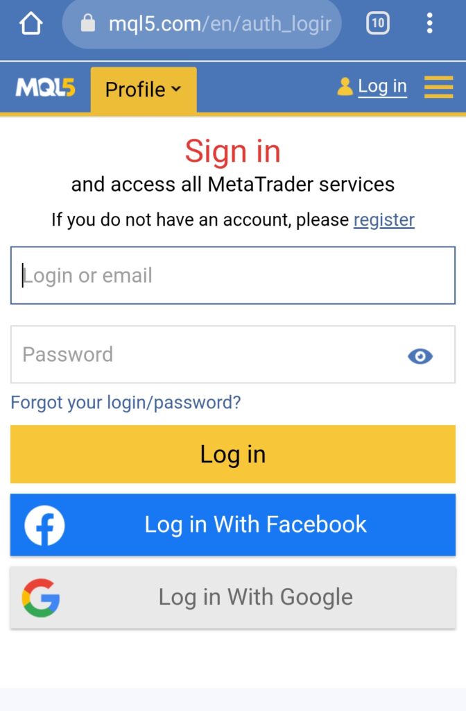 Halaman login web mql5