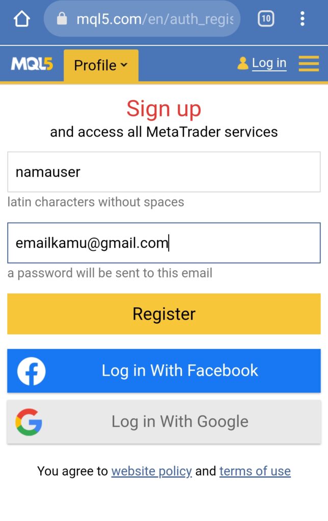 Halaman register di mql5
